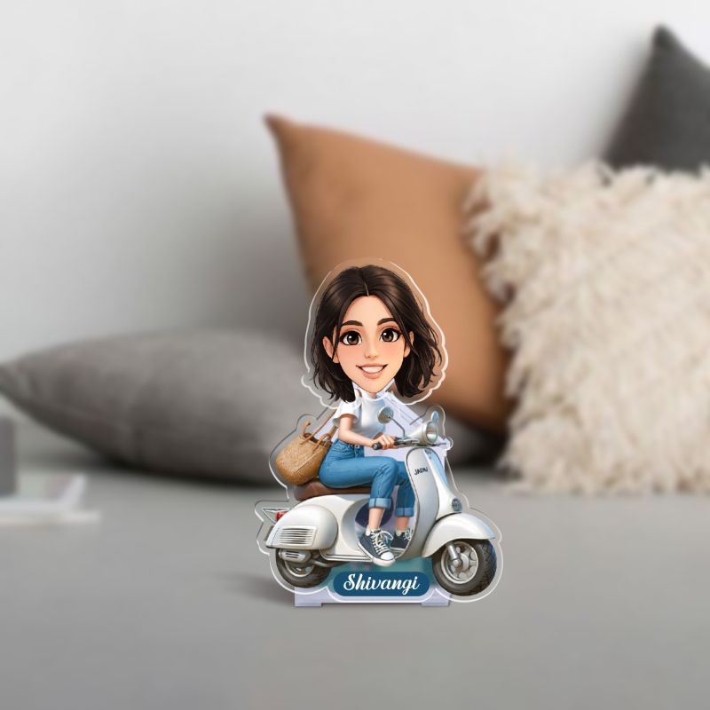 Personalized Scooty Rider Girl Booblehead Caricature for Girls Battery Powered Moving Head Feature Birthday Gift for Daughter, Sister, Mom & Lady Boss Tabletop Decor